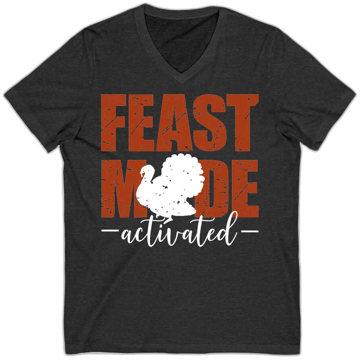 Feast Mode Activated Turkey Design V-Neck in Dark Grey Heather