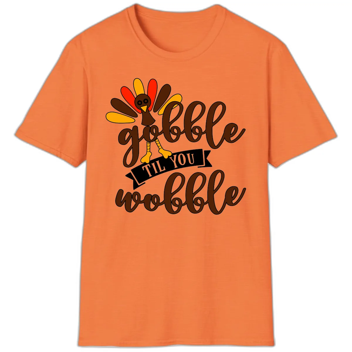 Gobble Til You Wobble Turkey Thanksgiving T-Shirt in Heather Orange