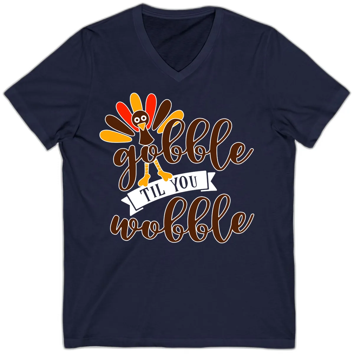 Gobble Til You Wobble Turkey Thanksgiving V-Neck in Navy