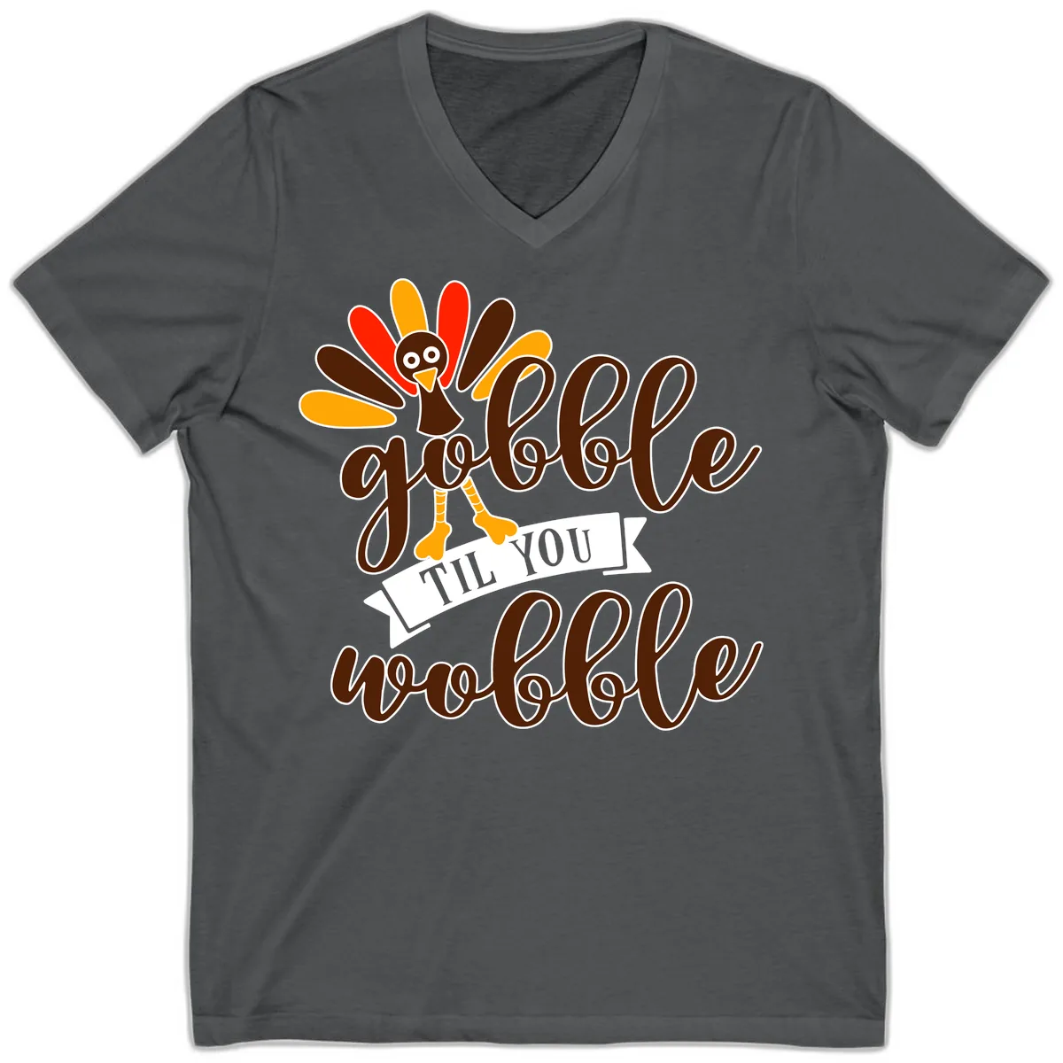 Gobble Til You Wobble Turkey Thanksgiving V-Neck in Asphalt