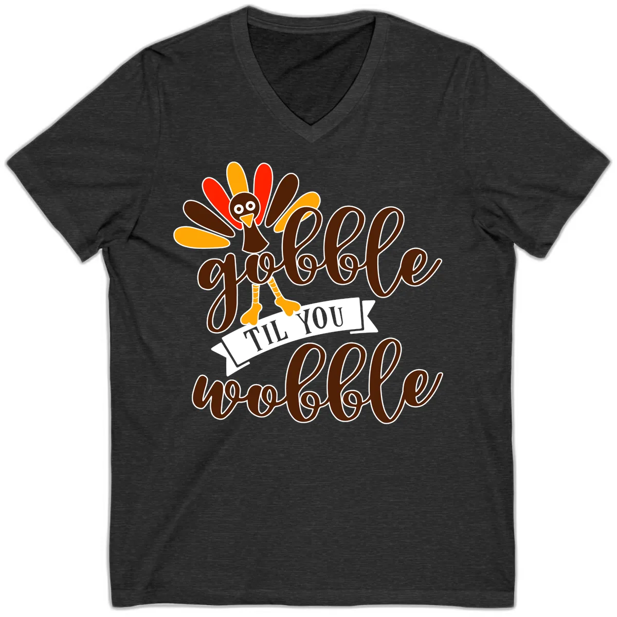 Gobble Til You Wobble Turkey Thanksgiving V-Neck in Dark Grey Heather