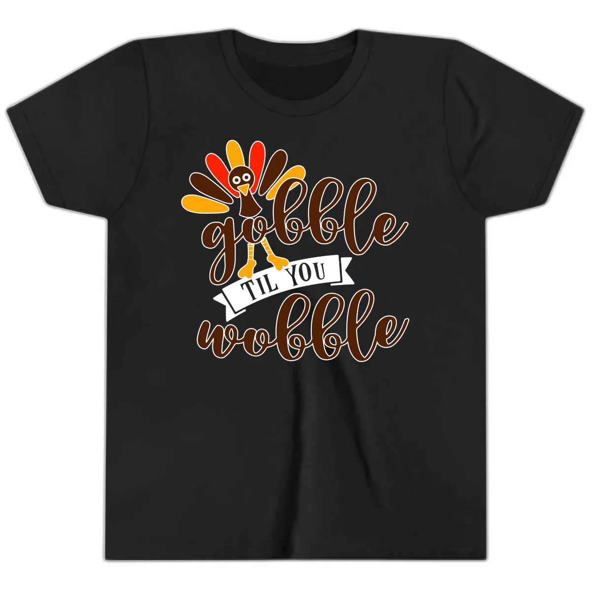 Gobble Til You Wobble Turkey Thanksgiving Youth T-Shirt in Black