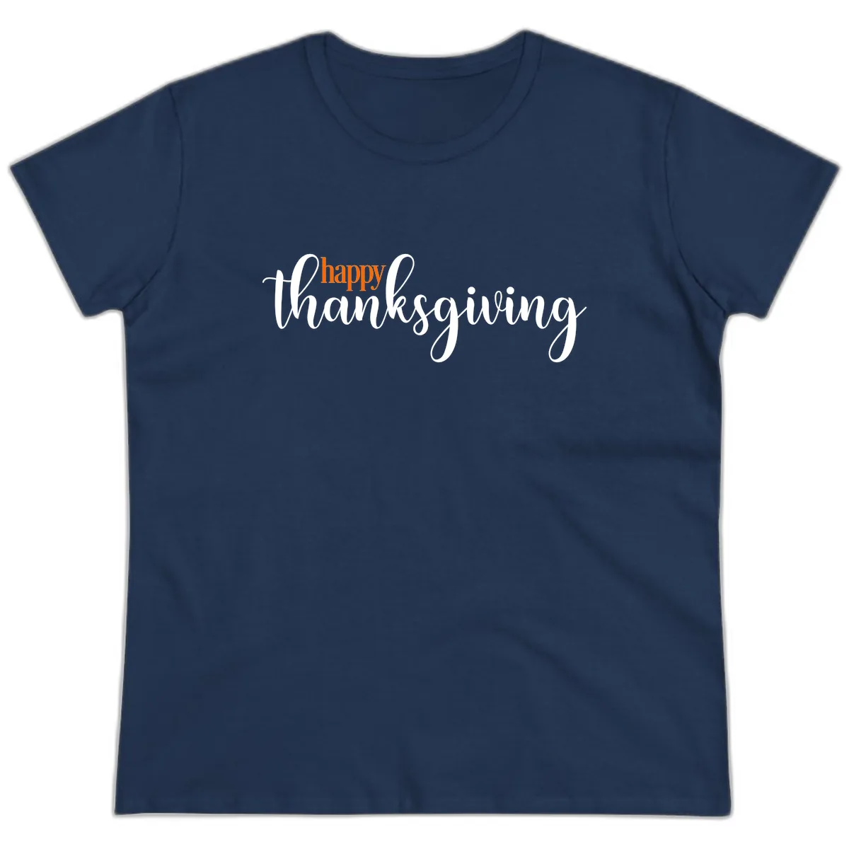 Happy Thanksgiving Script Design Ladies Tee in Navy