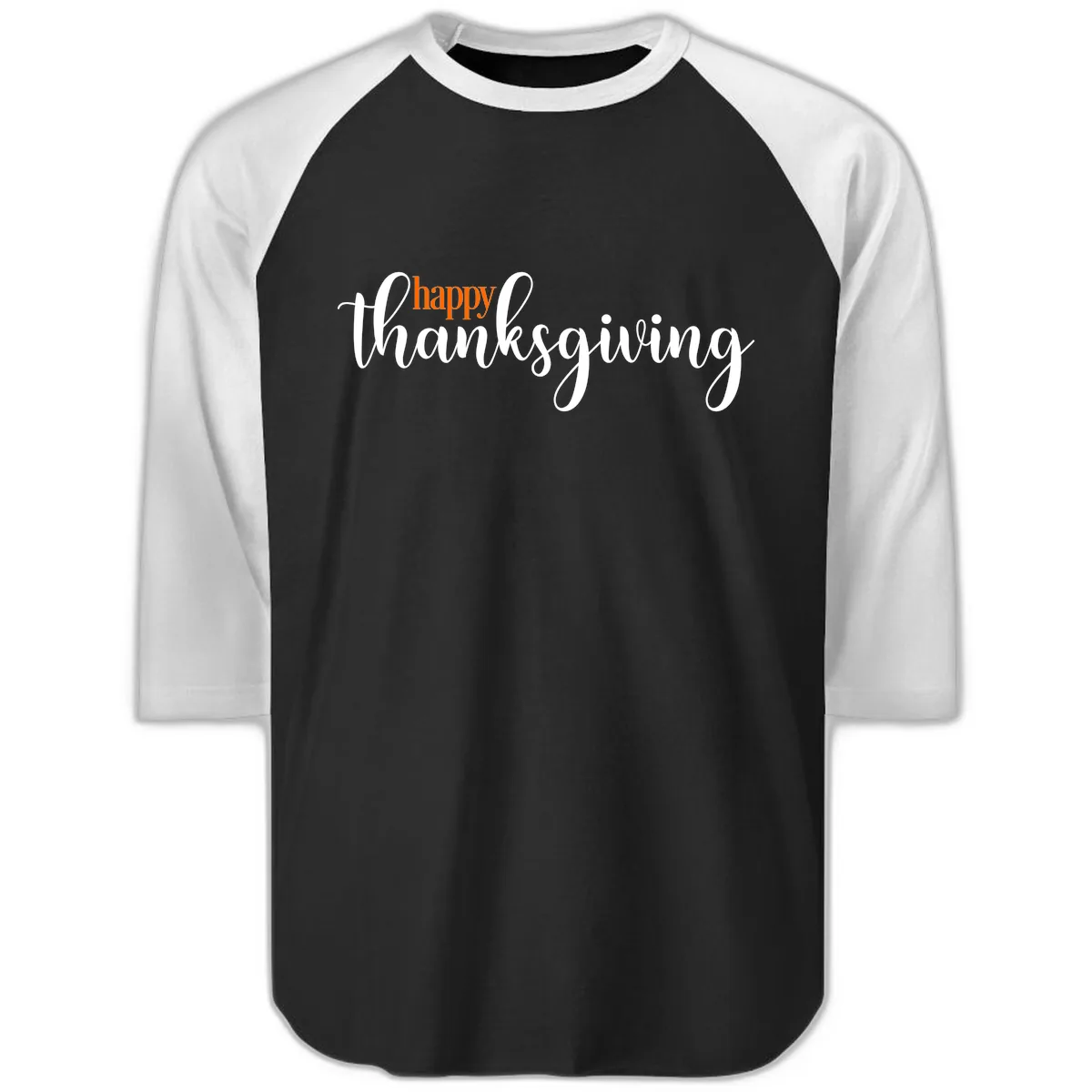 Happy Thanksgiving Script Design Raglan 3/4 in Black White