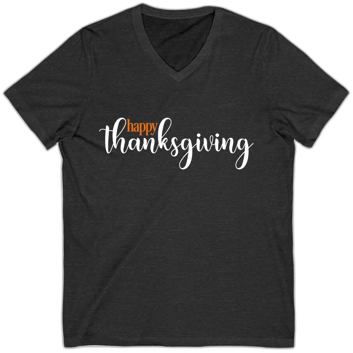 Happy Thanksgiving Script Design V-Neck in Dark Grey Heather