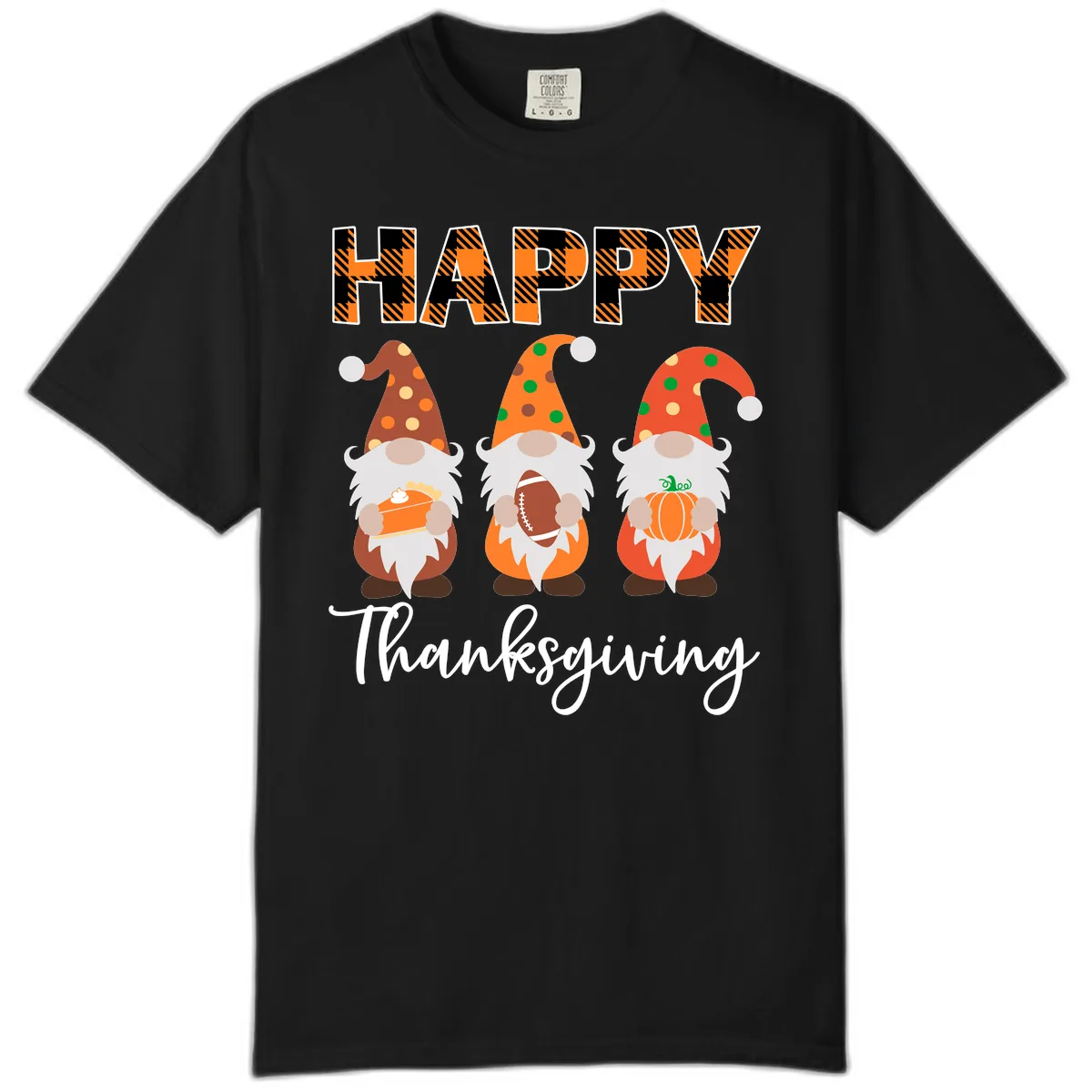Happy Thanksgiving Gnomes Holding Pie Football Pumpkin Comfort Color in Black