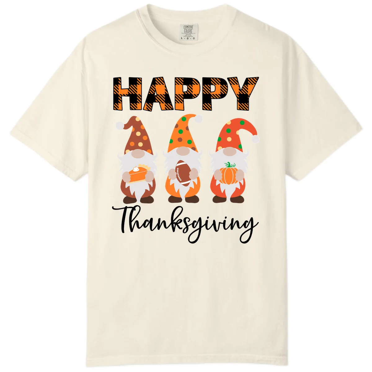 Happy Thanksgiving Gnomes Holding Pie Football Pumpkin Comfort Color in Ivory