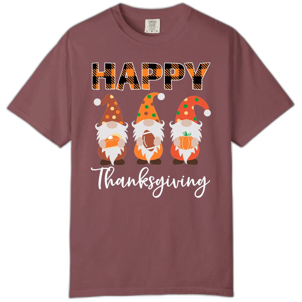 Happy Thanksgiving Gnomes Holding Pie Football Pumpkin Comfort Color in Brick