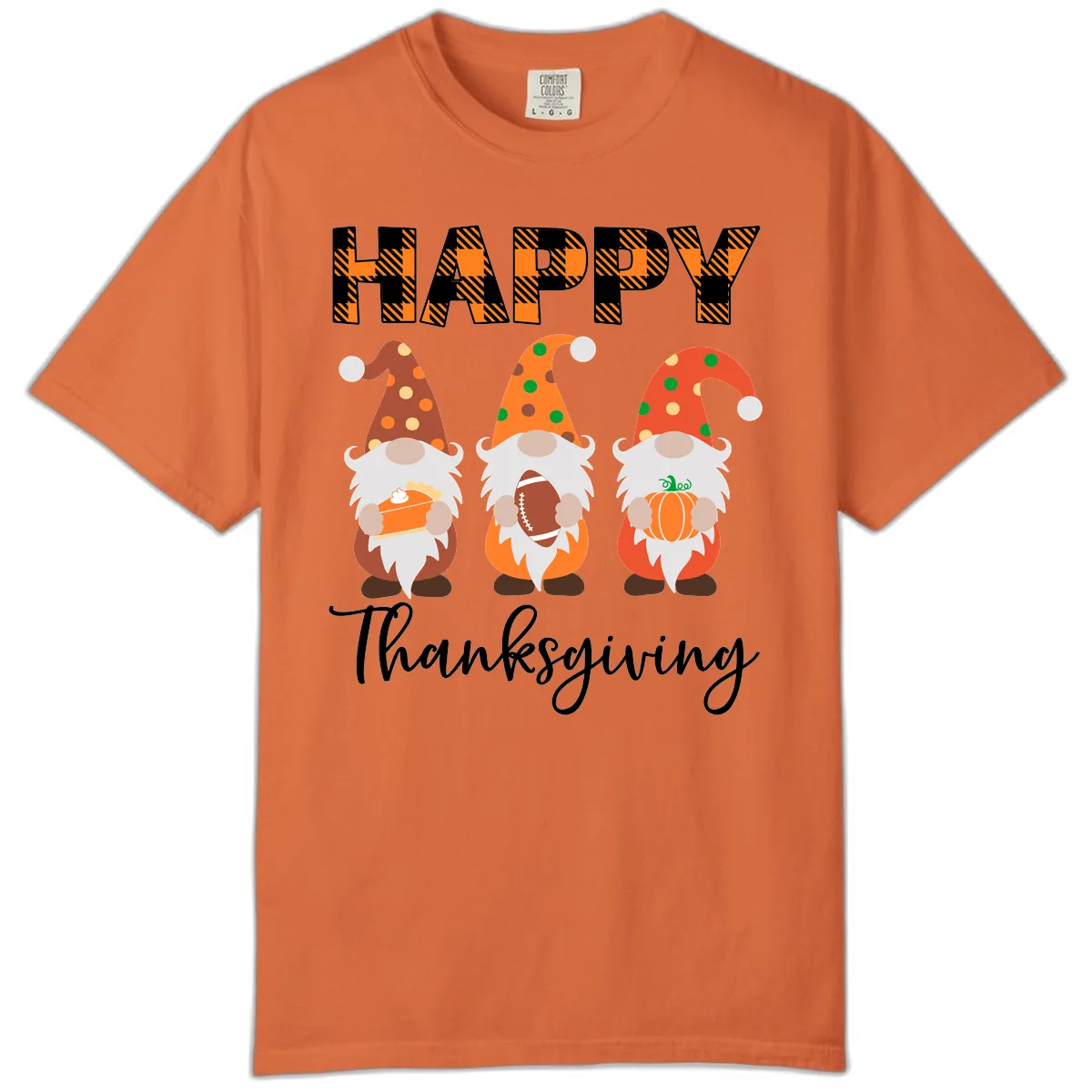 Happy Thanksgiving Gnomes Holding Pie Football Pumpkin Comfort Color in Burnt Orange