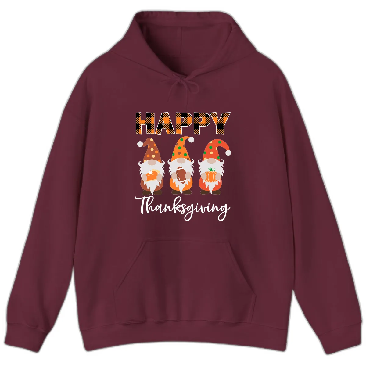 Happy Thanksgiving Gnomes Holding Pie Football Pumpkin Hoodie in Maroon