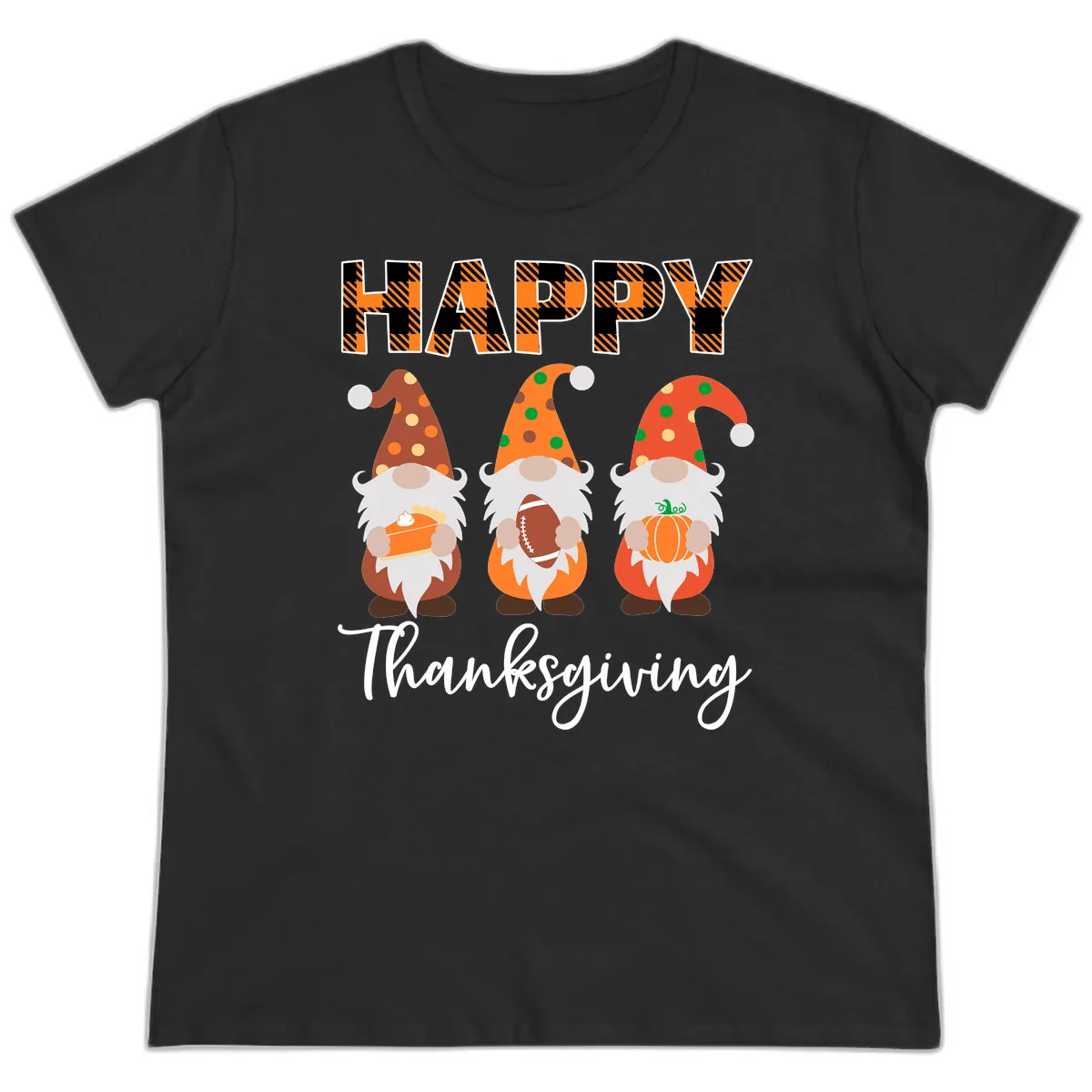 Happy Thanksgiving Gnomes Holding Pie Football Pumpkin Ladies Tee in Black