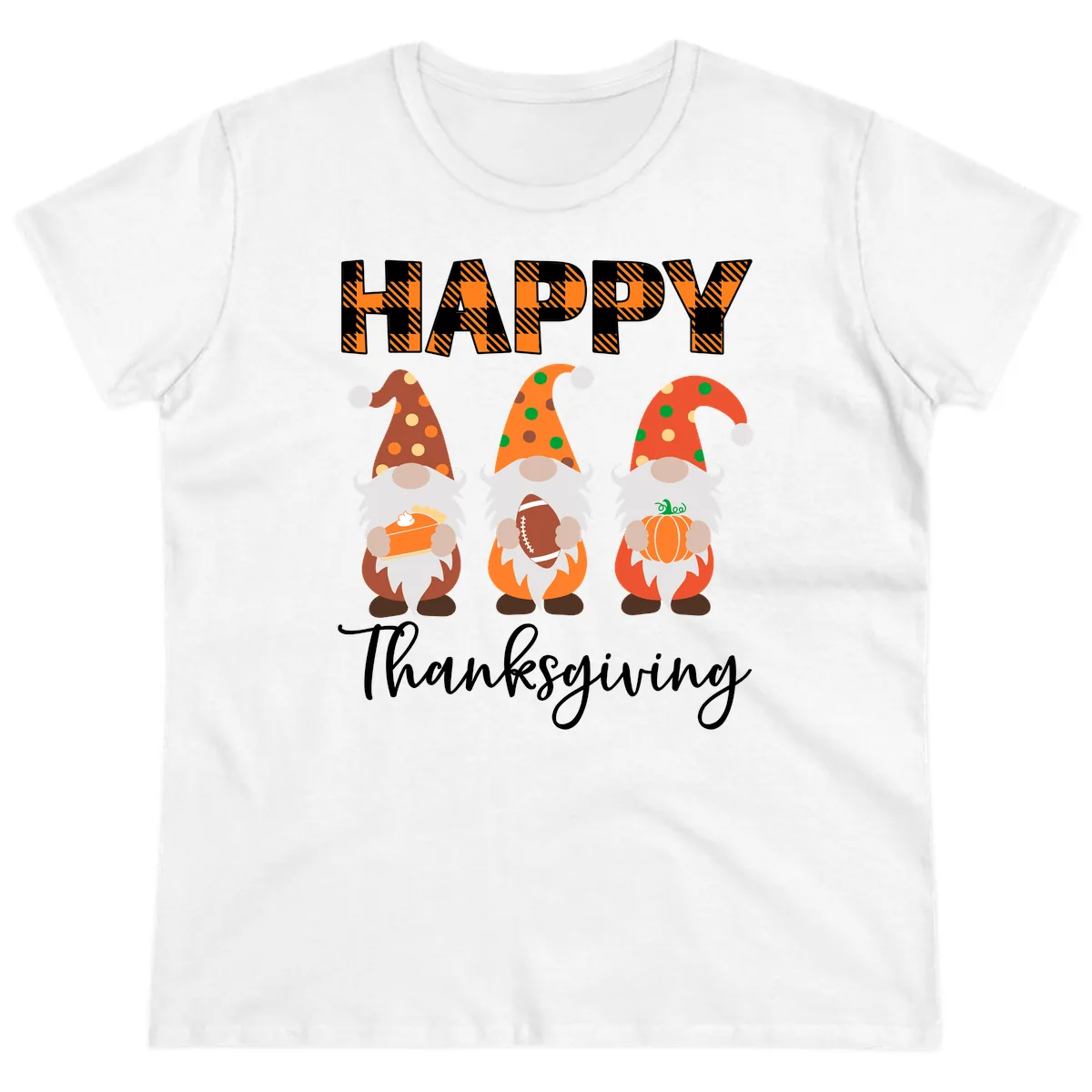 Happy Thanksgiving Gnomes Holding Pie Football Pumpkin Ladies Tee in White