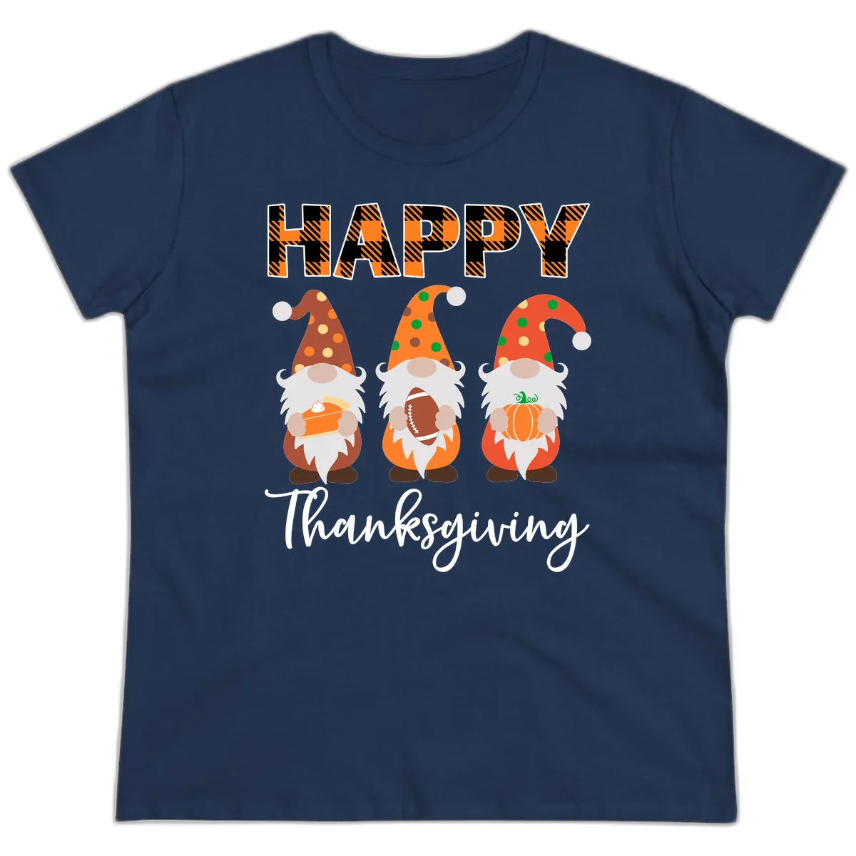 Happy Thanksgiving Gnomes Holding Pie Football Pumpkin Ladies Tee in Navy