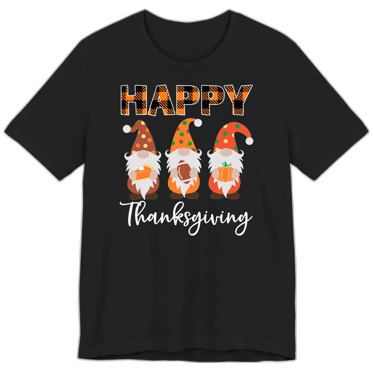 Happy Thanksgiving Gnomes Holding Pie Football Pumpkin Premium T-Shirt in Black