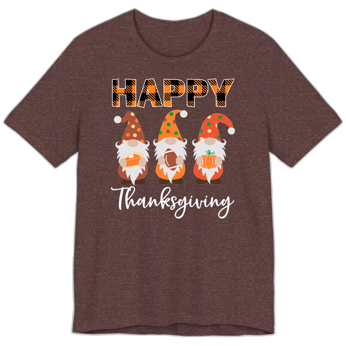 Happy Thanksgiving Gnomes Holding Pie Football Pumpkin Premium T-Shirt in Heather Maroon