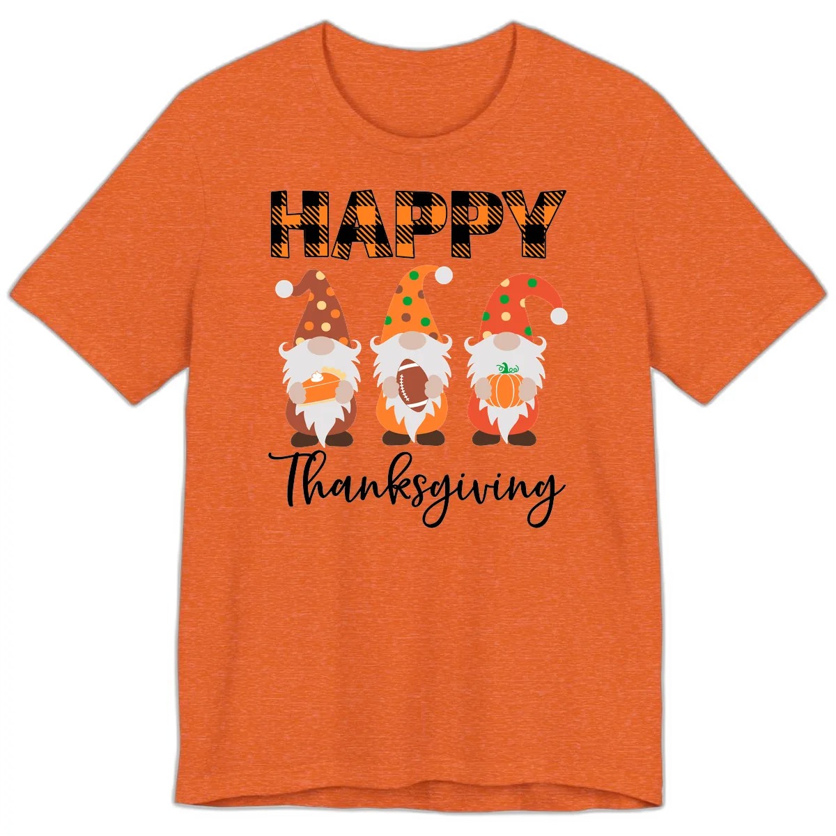 Happy Thanksgiving Gnomes Holding Pie Football Pumpkin Premium T-Shirt in Heather Orange