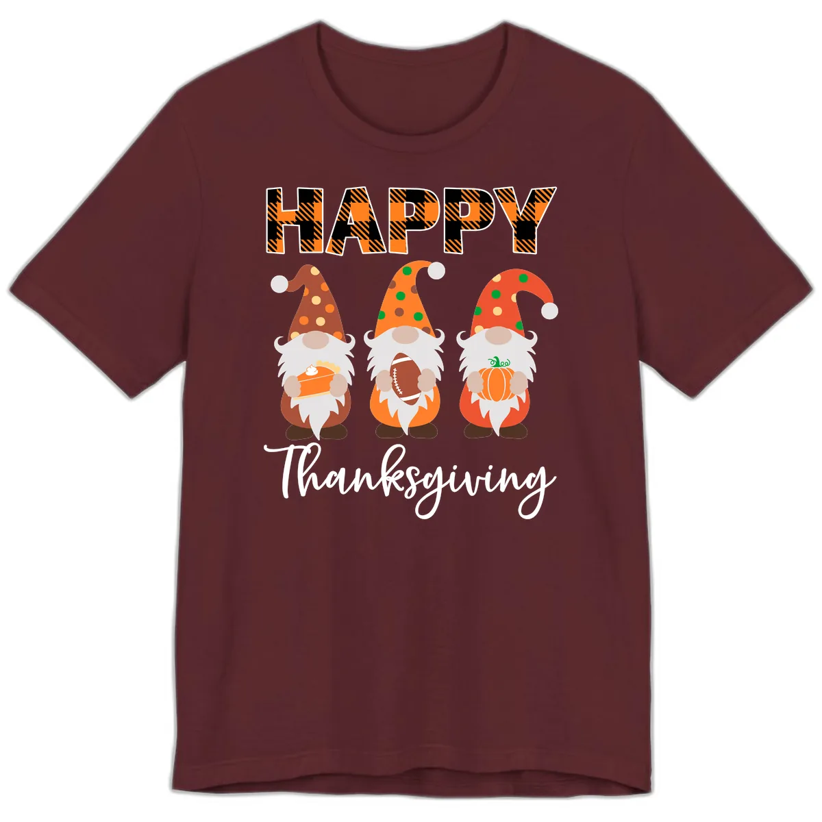 Happy Thanksgiving Gnomes Holding Pie Football Pumpkin Premium T-Shirt in Maroon