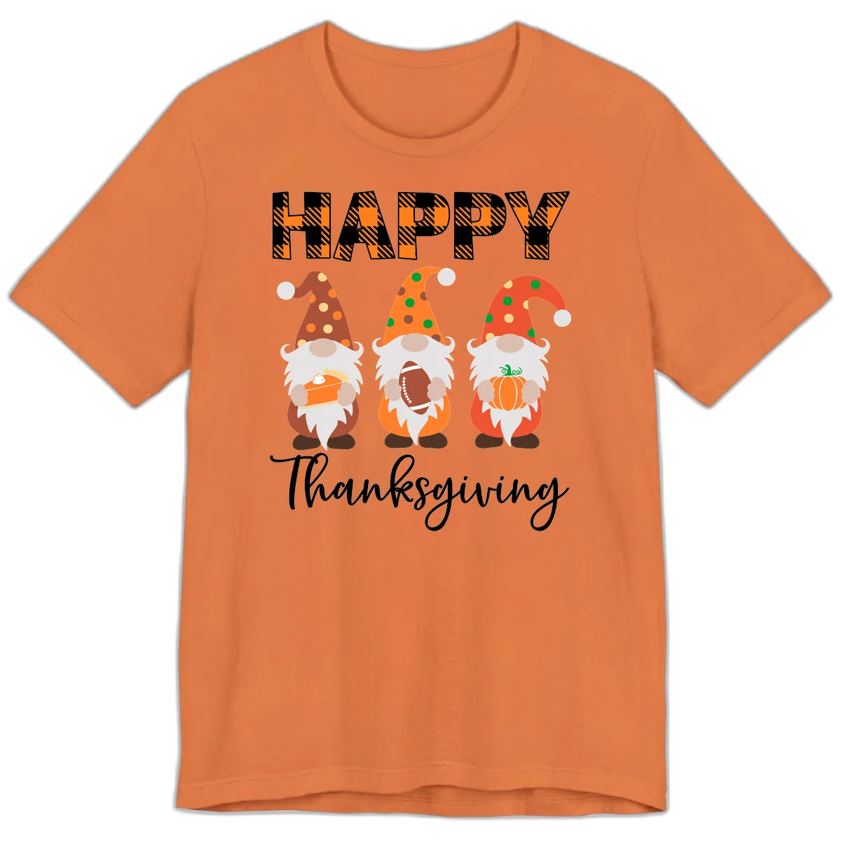 Happy Thanksgiving Gnomes Holding Pie Football Pumpkin Premium T-Shirt in Burnt Orange