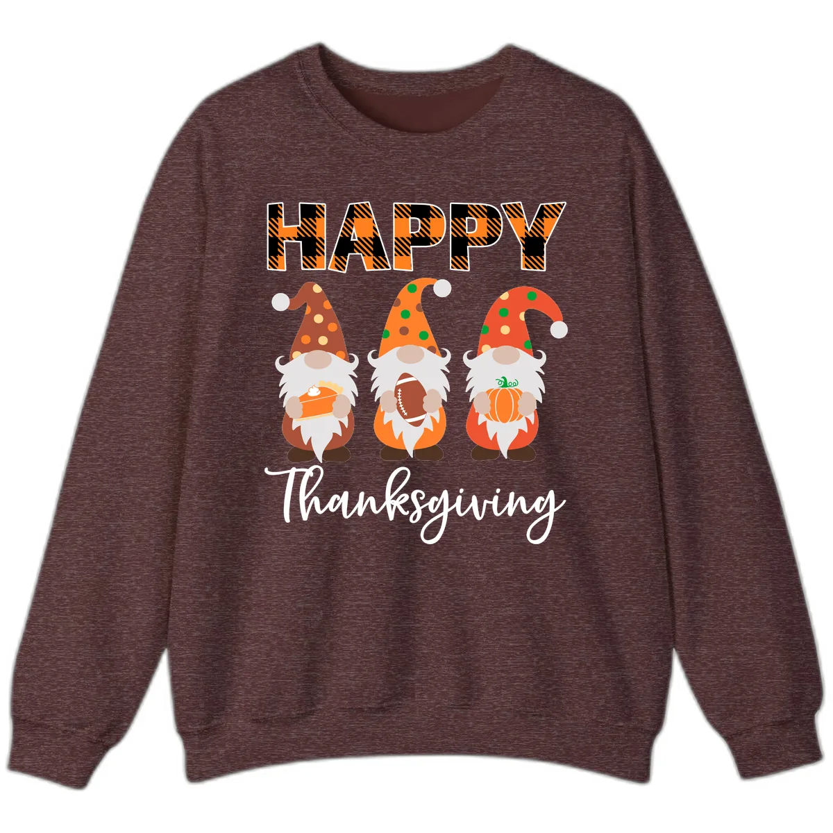 Happy Thanksgiving Gnomes Holding Pie Football Pumpkin Sweatshirt in Heather Sport Dark Maroon