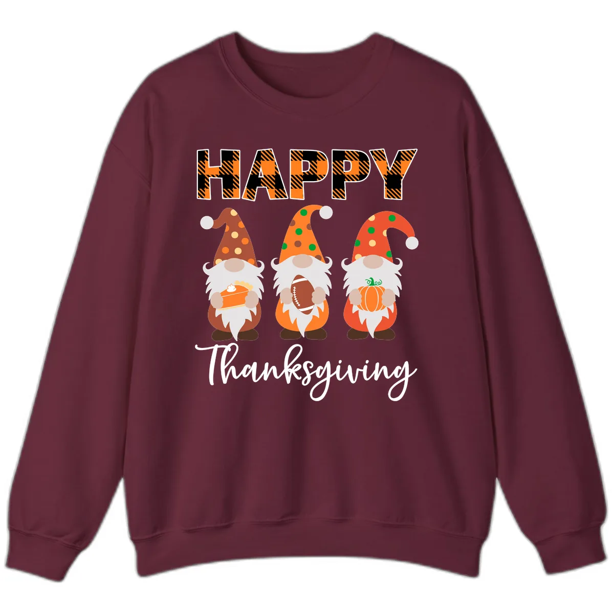 Happy Thanksgiving Gnomes Holding Pie Football Pumpkin Sweatshirt in Maroon