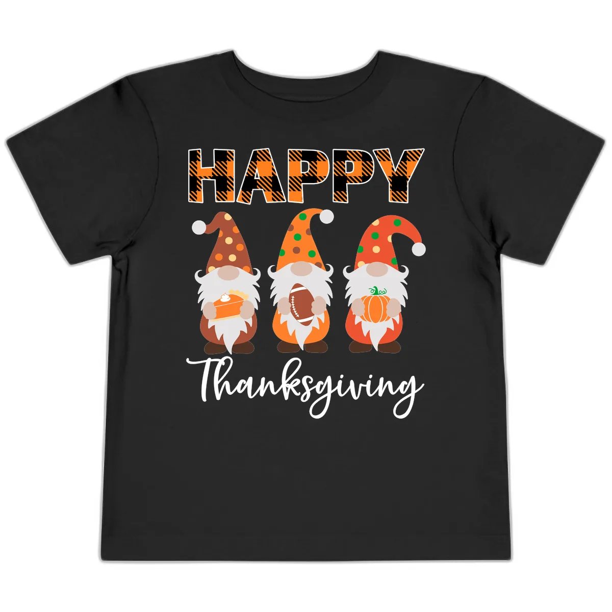 Happy Thanksgiving Gnomes Holding Pie Football Pumpkin Toddler T-Shirt in Black