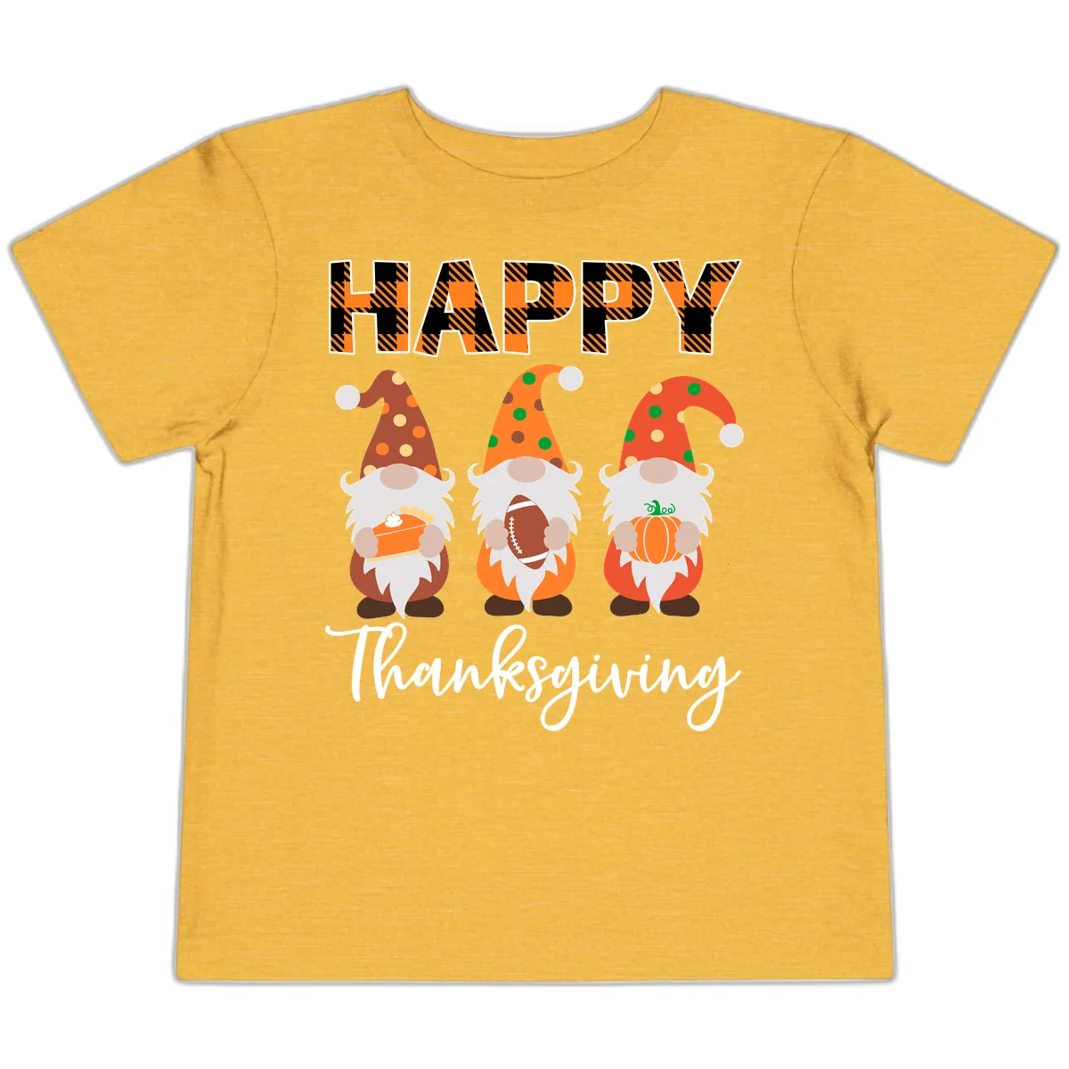 Happy Thanksgiving Gnomes Holding Pie Football Pumpkin Toddler T-Shirt in Heather Yellow Gold