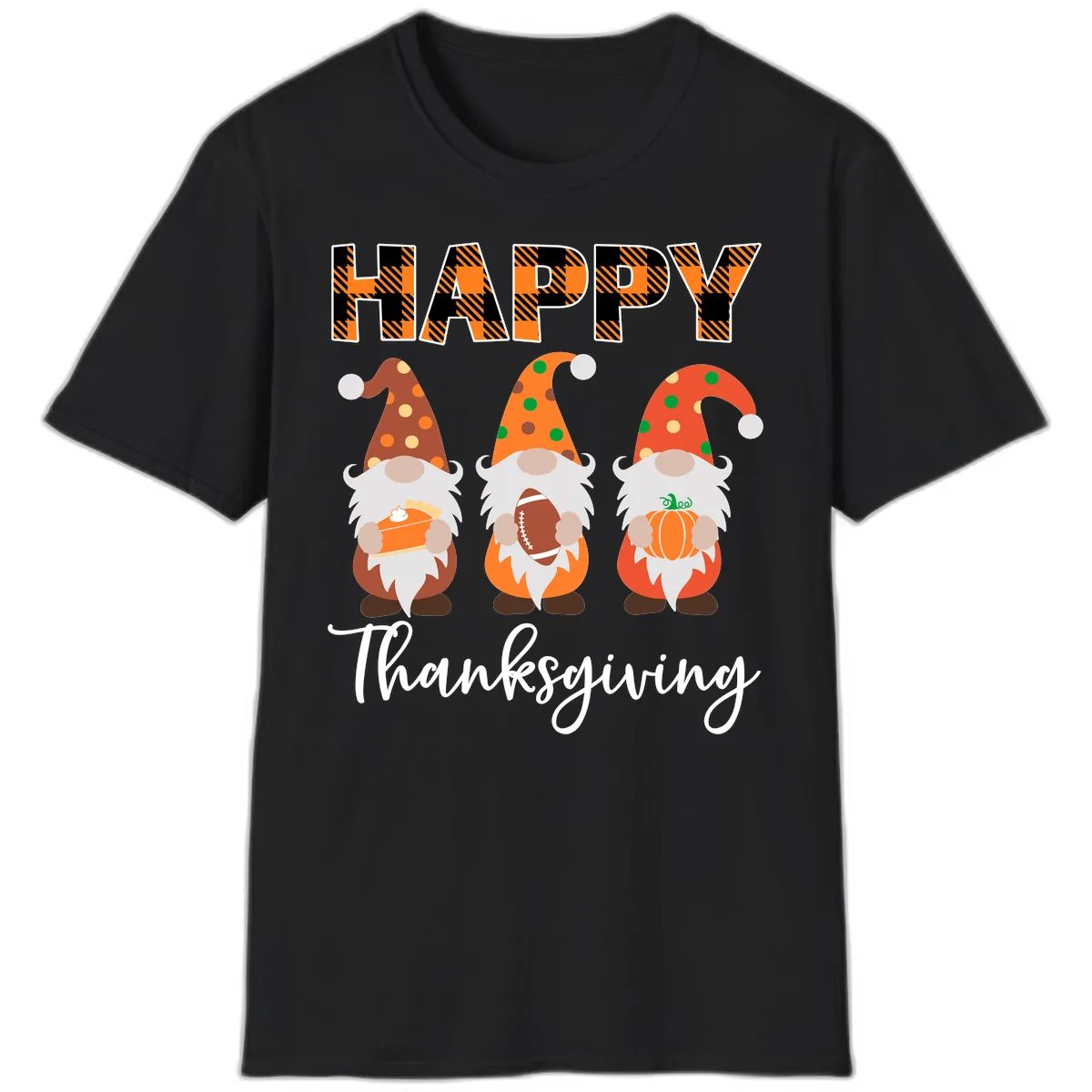 Happy Thanksgiving Gnomes Holding Pie Football Pumpkin T-Shirt in Black