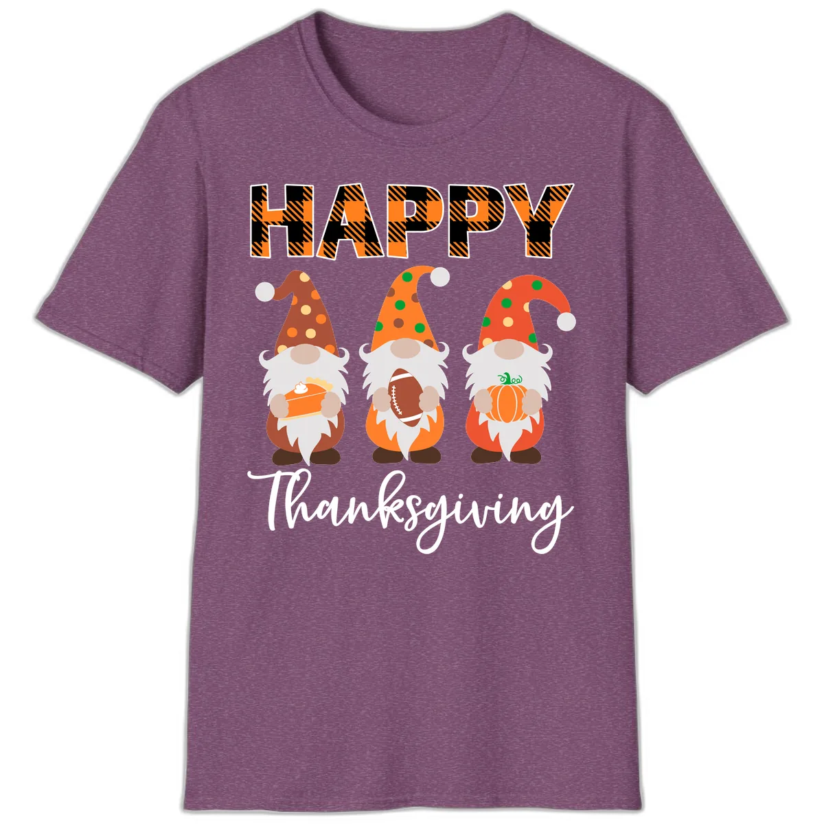 Happy Thanksgiving Gnomes Holding Pie Football Pumpkin T-Shirt in Heather Maroon