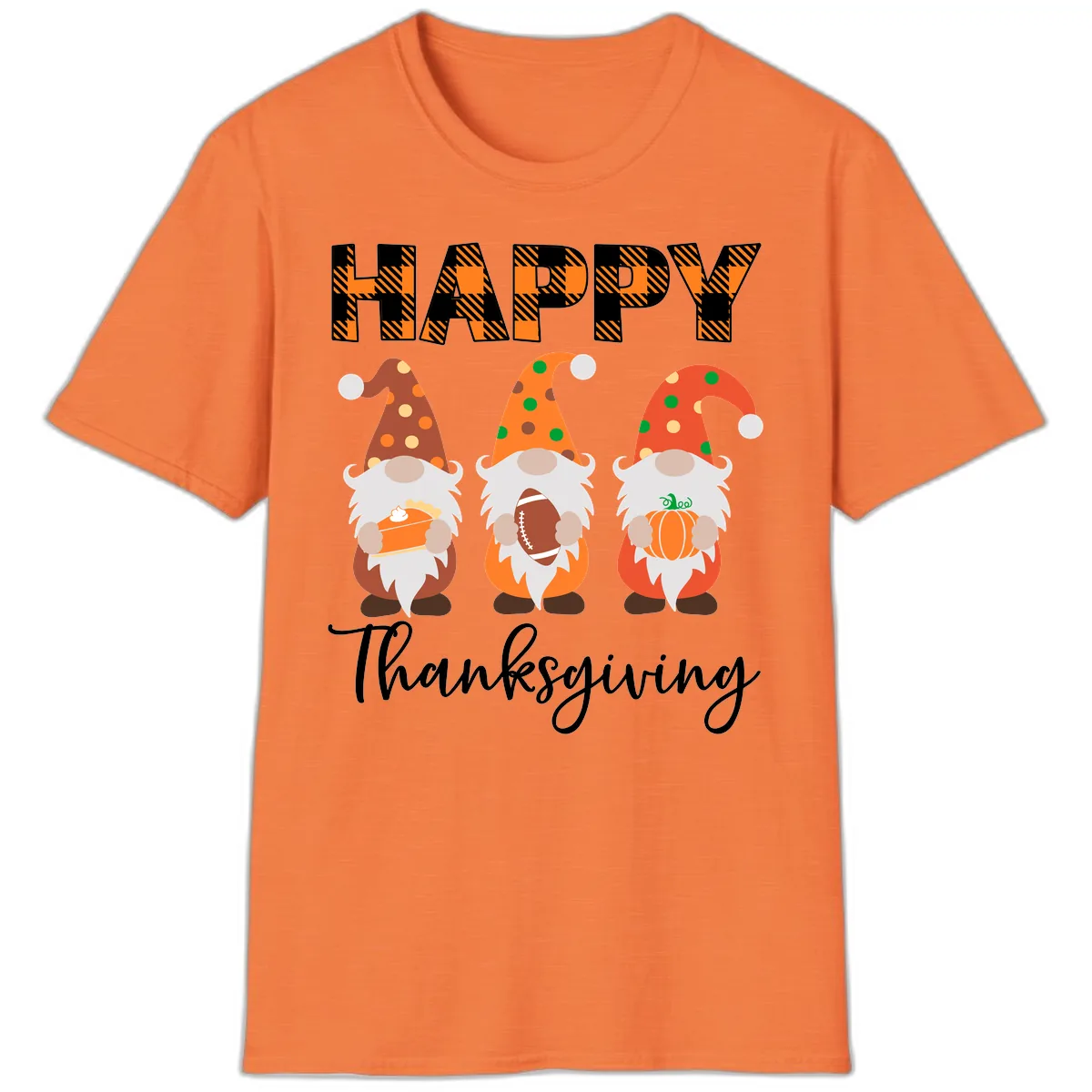 Happy Thanksgiving Gnomes Holding Pie Football Pumpkin T-Shirt in Heather Orange