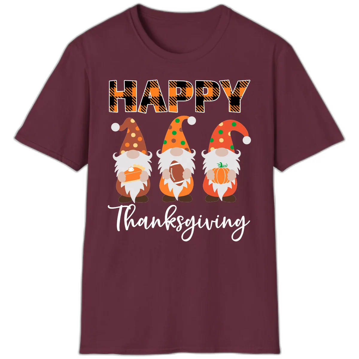 Happy Thanksgiving Gnomes Holding Pie Football Pumpkin T-Shirt in Maroon