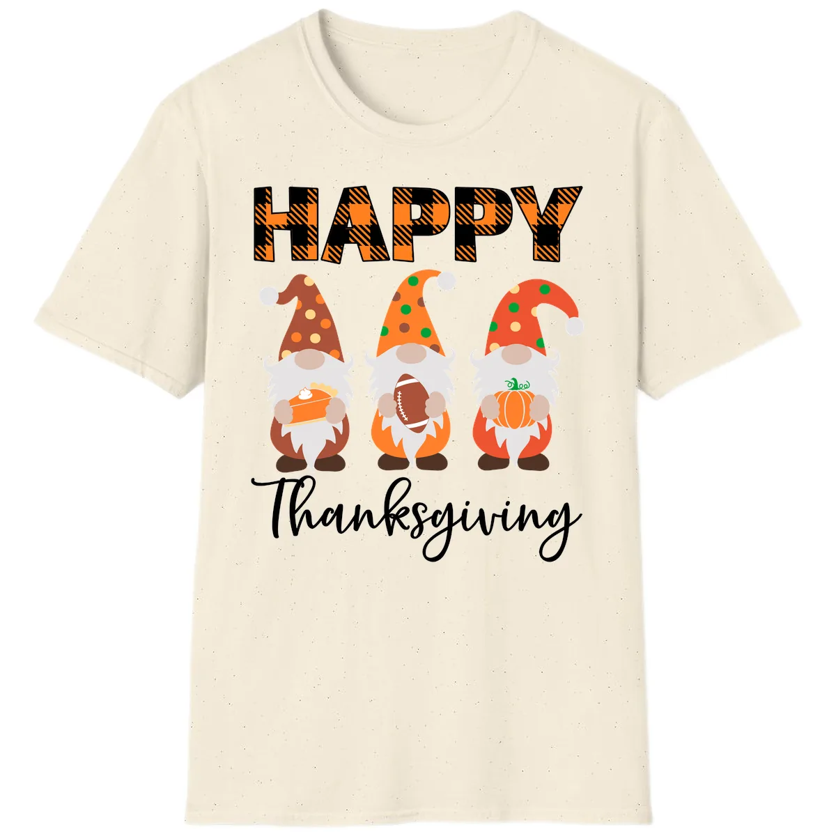Happy Thanksgiving Gnomes Holding Pie Football Pumpkin T-Shirt in Natural