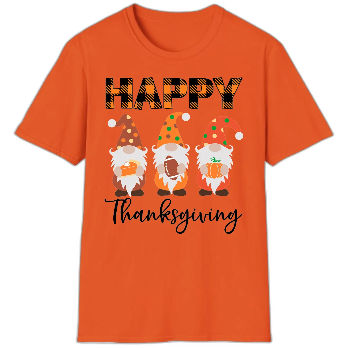 Happy Thanksgiving Gnomes Holding Pie Football Pumpkin T-Shirt in Orange