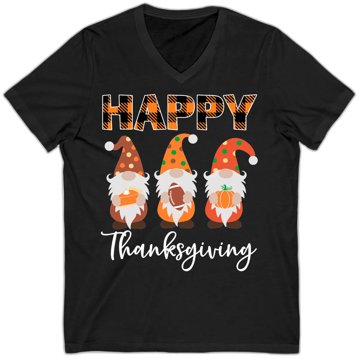 Happy Thanksgiving Gnomes Holding Pie Football Pumpkin V-Neck in Black