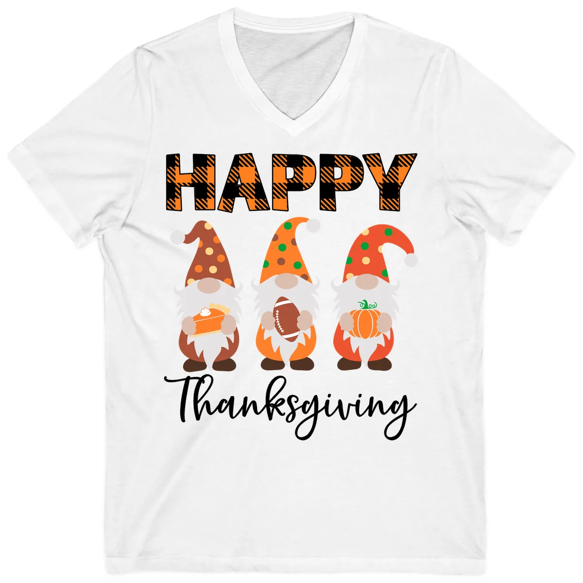 Happy Thanksgiving Gnomes Holding Pie Football Pumpkin V-Neck in White