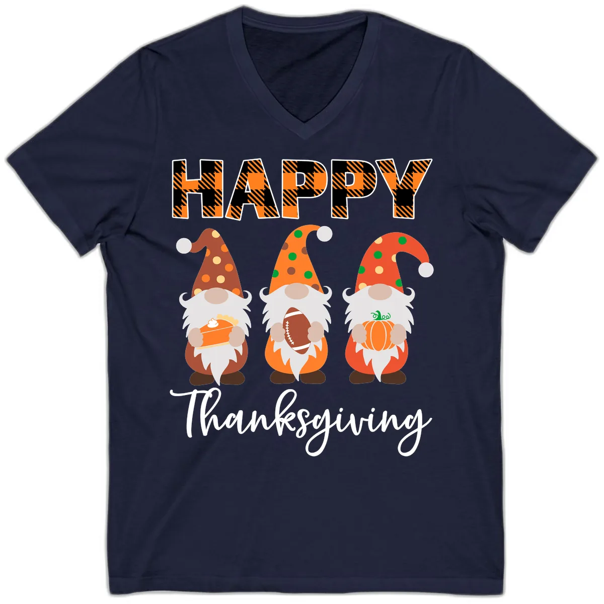 Happy Thanksgiving Gnomes Holding Pie Football Pumpkin V-Neck in Navy