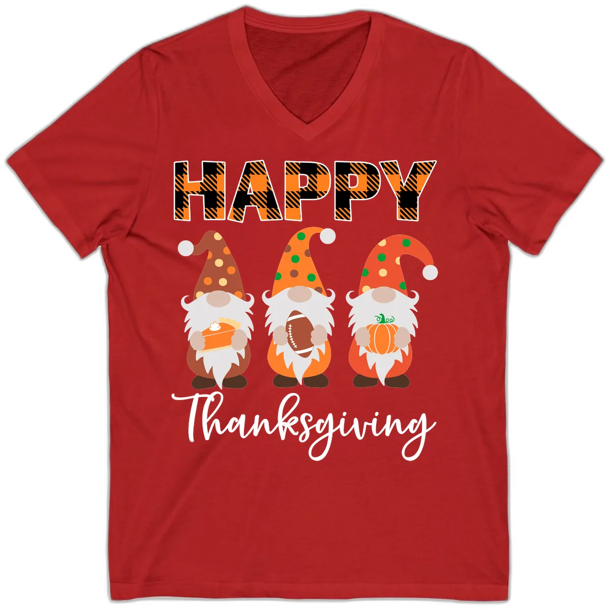 Happy Thanksgiving Gnomes Holding Pie Football Pumpkin V-Neck in Red