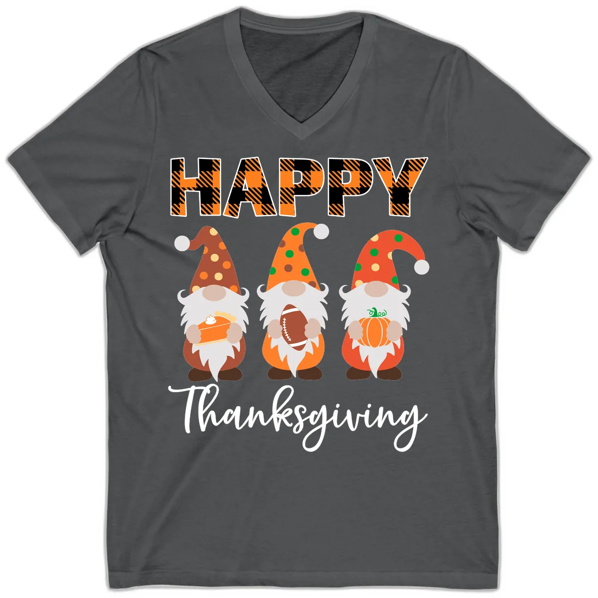 Happy Thanksgiving Gnomes Holding Pie Football Pumpkin V-Neck in Asphalt