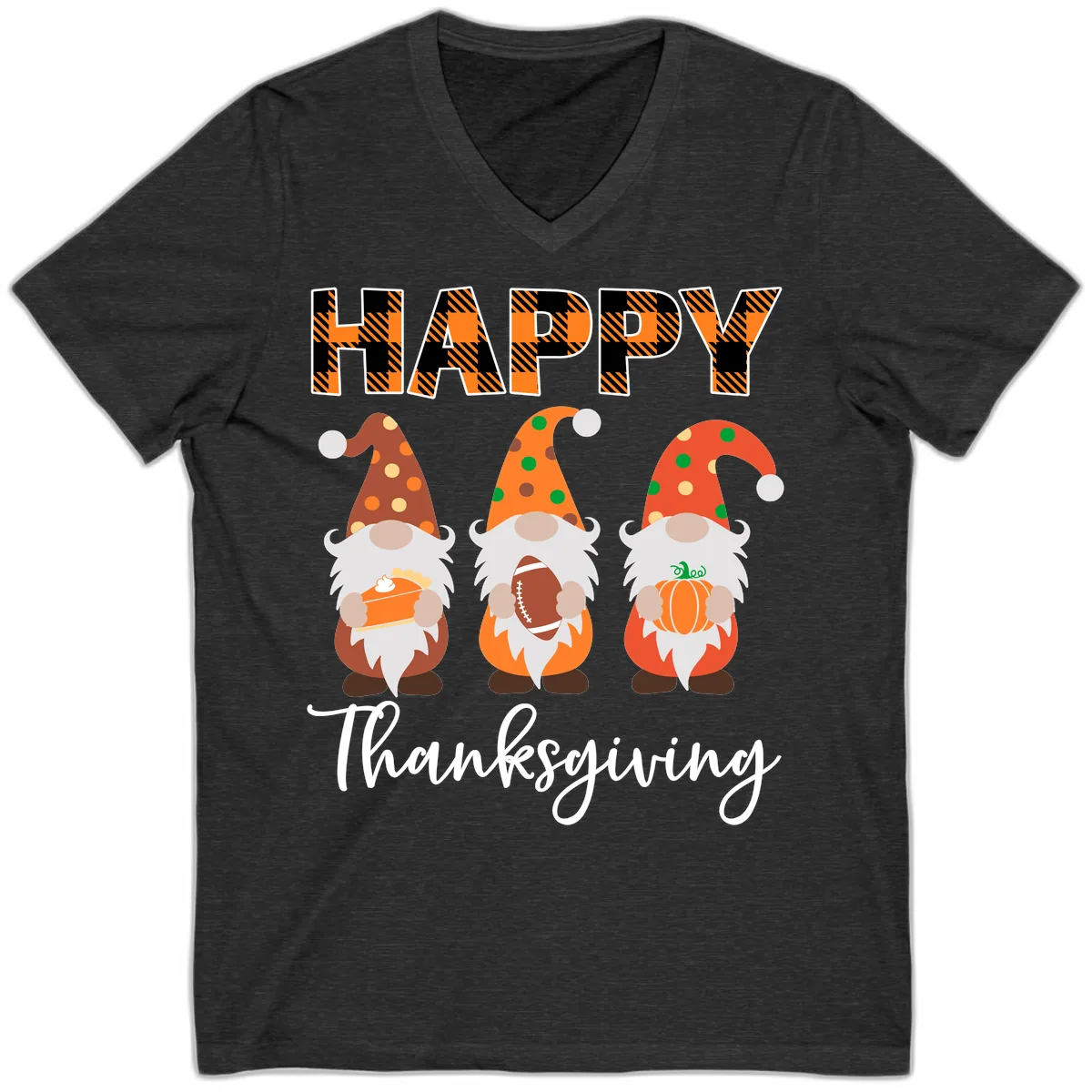 Happy Thanksgiving Gnomes Holding Pie Football Pumpkin V-Neck in Dark Grey Heather