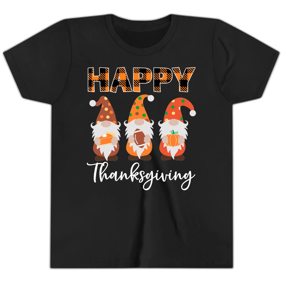 Happy Thanksgiving Gnomes Holding Pie Football Pumpkin Youth T-Shirt in Black