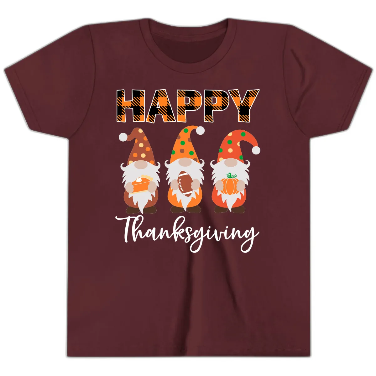 Happy Thanksgiving Gnomes Holding Pie Football Pumpkin Youth T-Shirt in Maroon