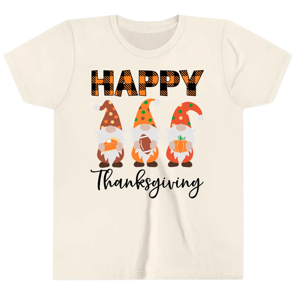 Happy Thanksgiving Gnomes Holding Pie Football Pumpkin Youth T-Shirt in Natural