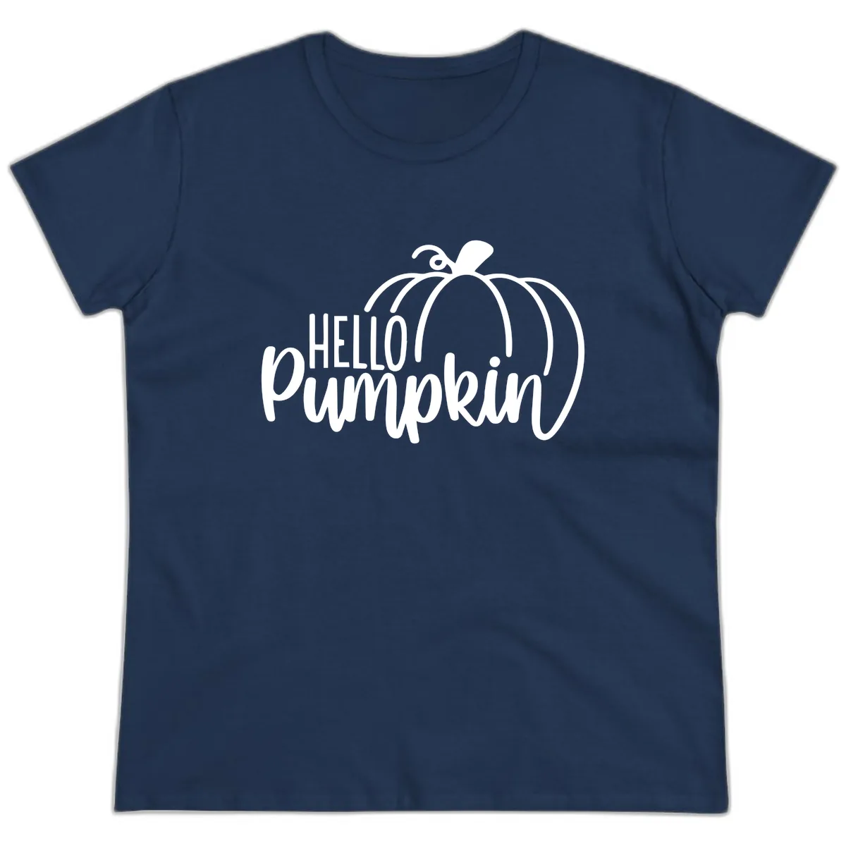Hello Pumpkin Typography Design Ladies Tee in Navy