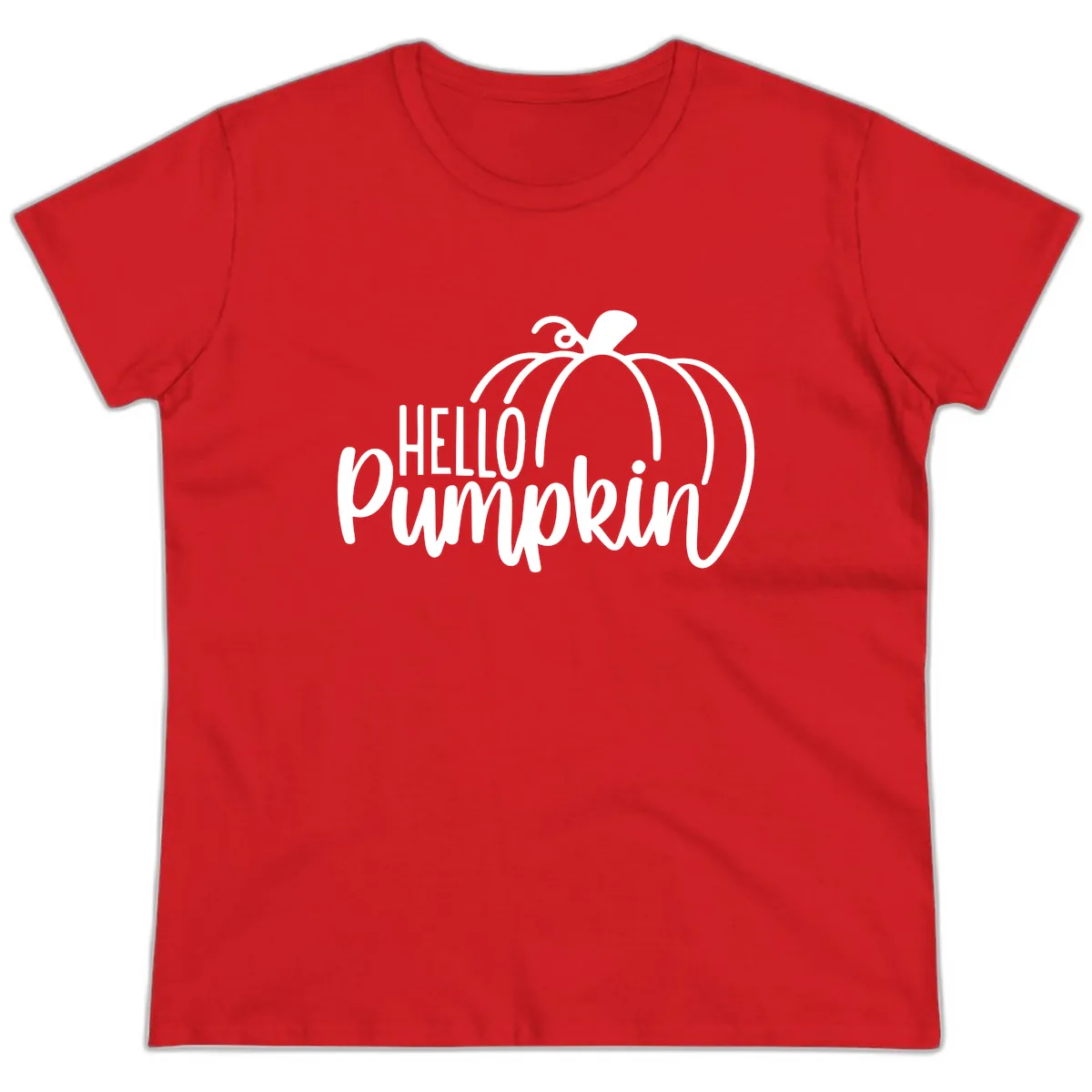Hello Pumpkin Typography Design Ladies Tee in Red
