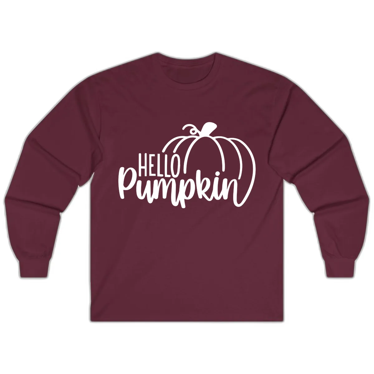 Hello Pumpkin Typography Design Long Sleeve in Maroon