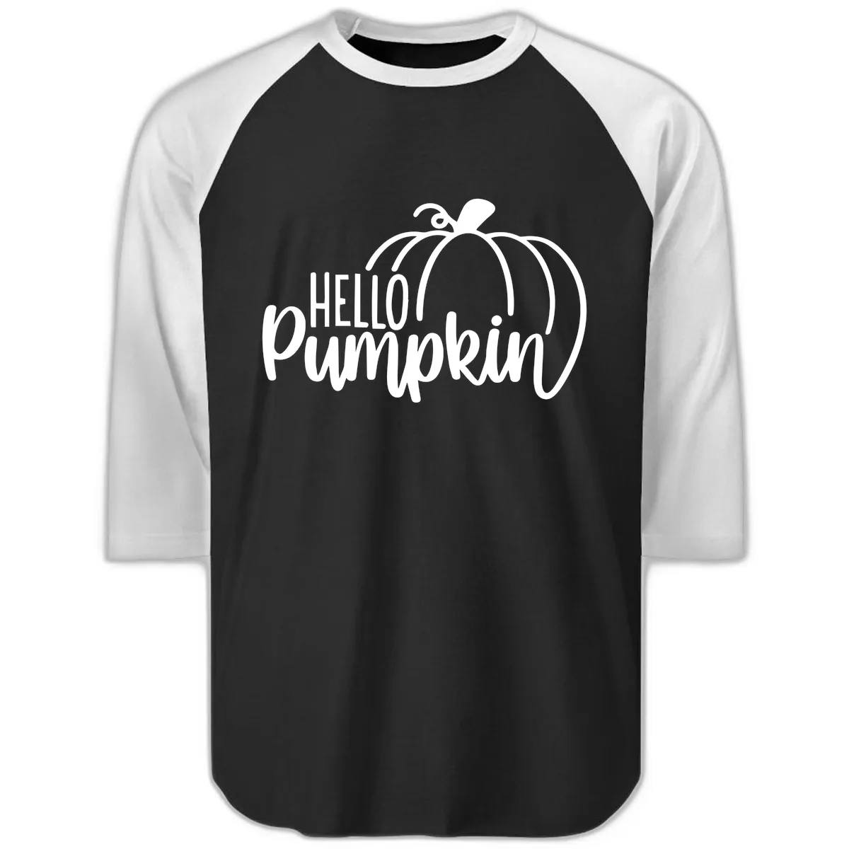 Hello Pumpkin Typography Design Raglan 3/4 in Black White