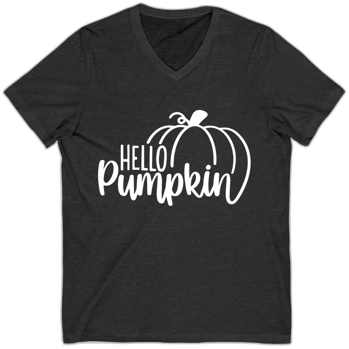 Hello Pumpkin Typography Design V-Neck in Dark Grey Heather