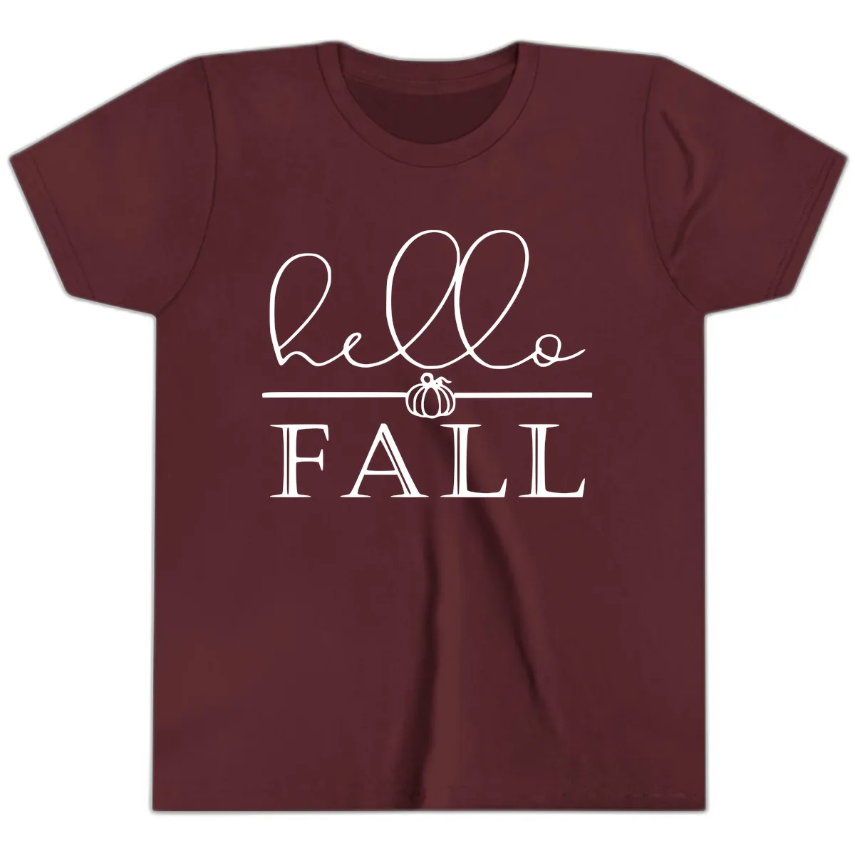 Hello Fall Pumpkin Graphic Youth T-Shirt in Maroon