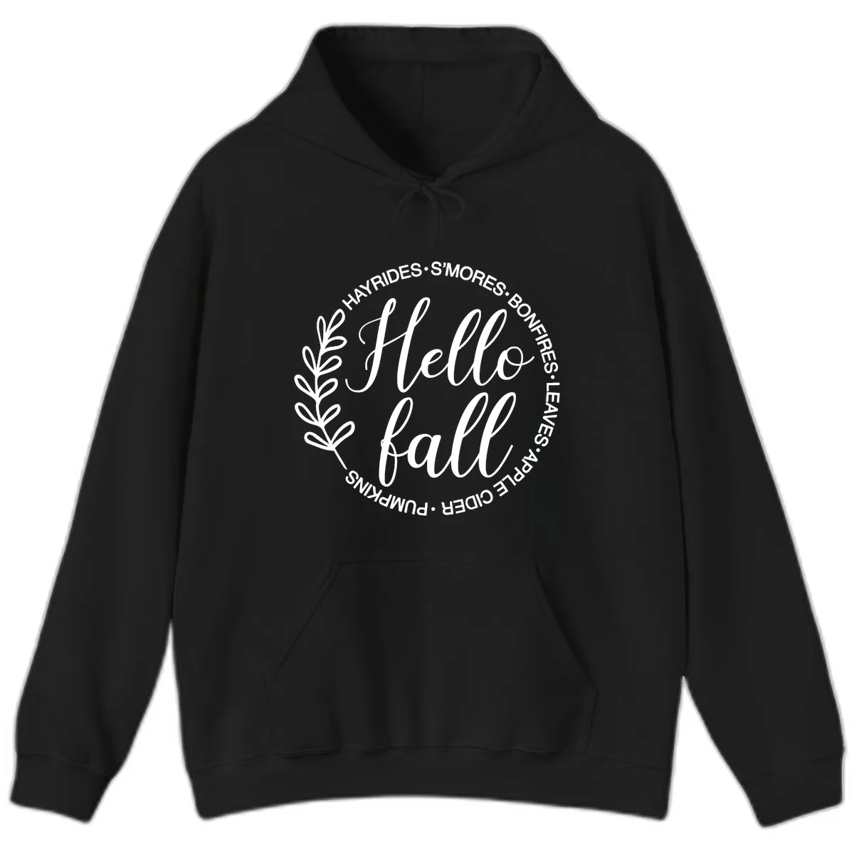Hello Fall Leaves And Pumpkins Hoodie in Black