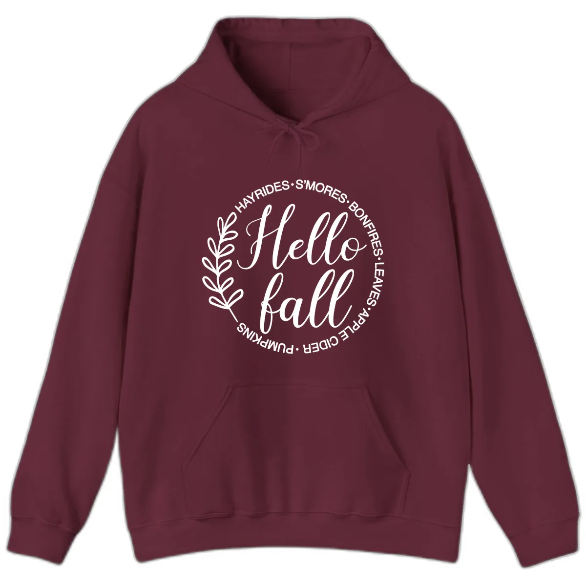 Hello Fall Leaves And Pumpkins Hoodie in Maroon
