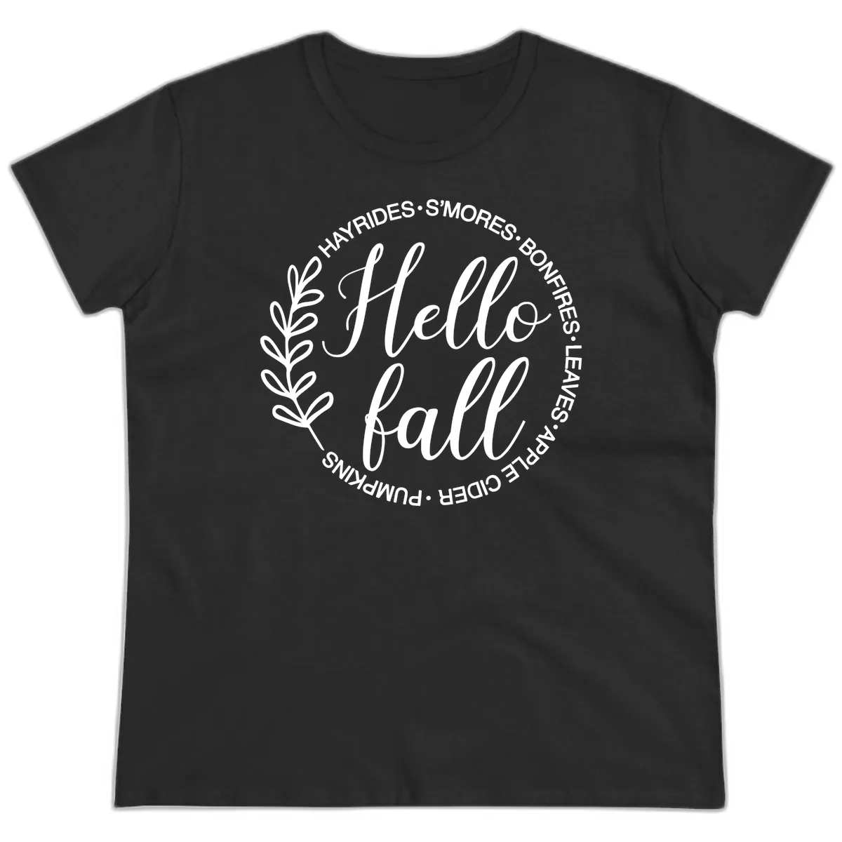 Hello Fall Leaves And Pumpkins Ladies Tee in Black
